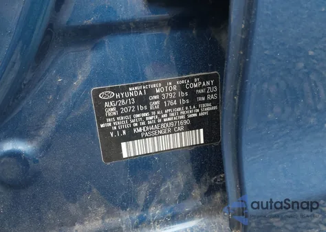 2013 Hyundai Elantra Gls from USA, damaged, VIN KMHDH4AE8DU971690